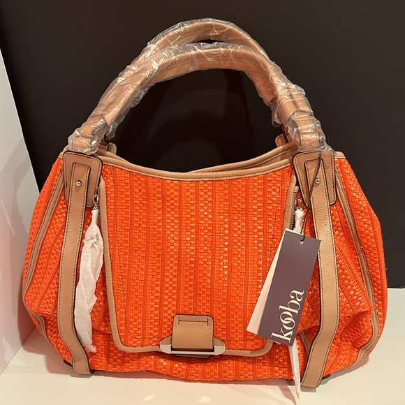 NWT Kooba Jonnie Tote Orange Raffia and Tan Leather Shoulder Bag ❣️❣️❣️ - Picture 1 of 13